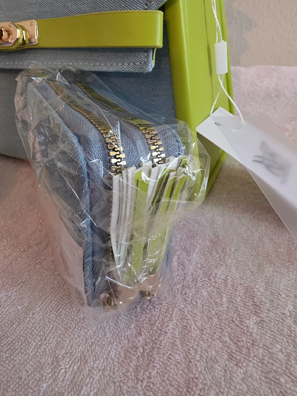 Denim and Lime Green Top-Handle Satchel